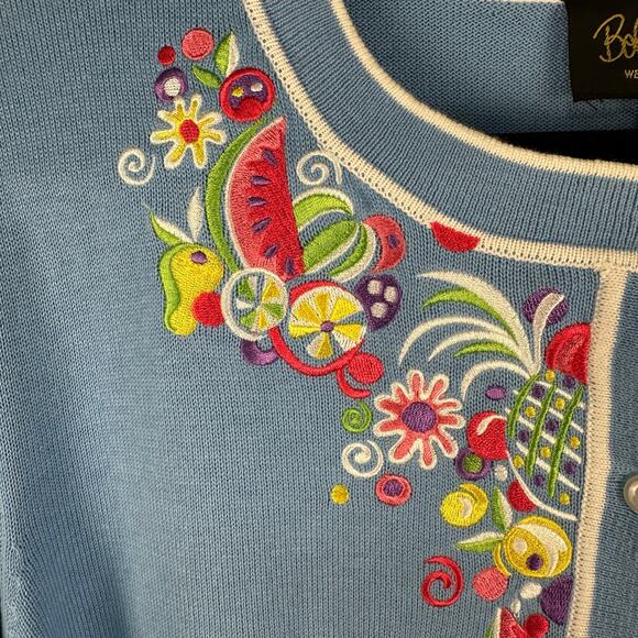 Bob Mackie Sweater Womens XL Blue Fruit Floral Embroidered Cardigan Artsy Preppy - Picture 5 of 14